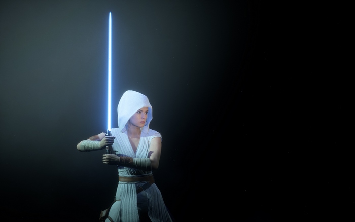 Rey with a blue lightsaber in Star Wars Battlefront II