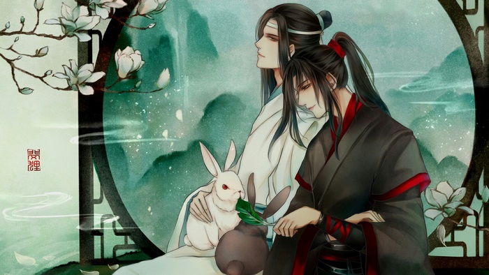 Lan Wangji and Wei Wuxian with rabbits