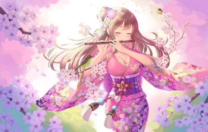 Girl in Kimono Playing Flute with Cherry Blossoms