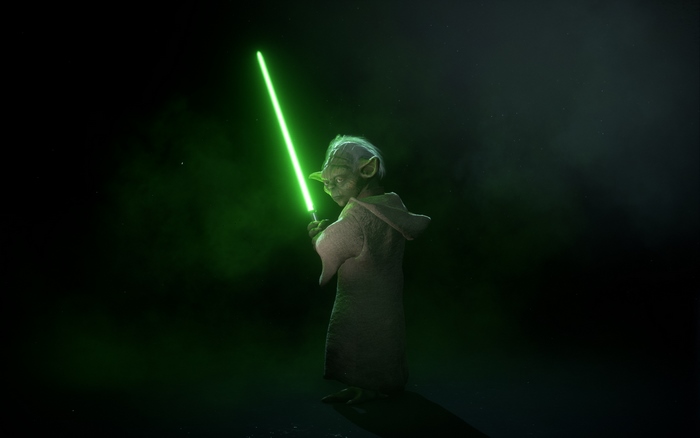 Yoda with a green lightsaber in Star Wars