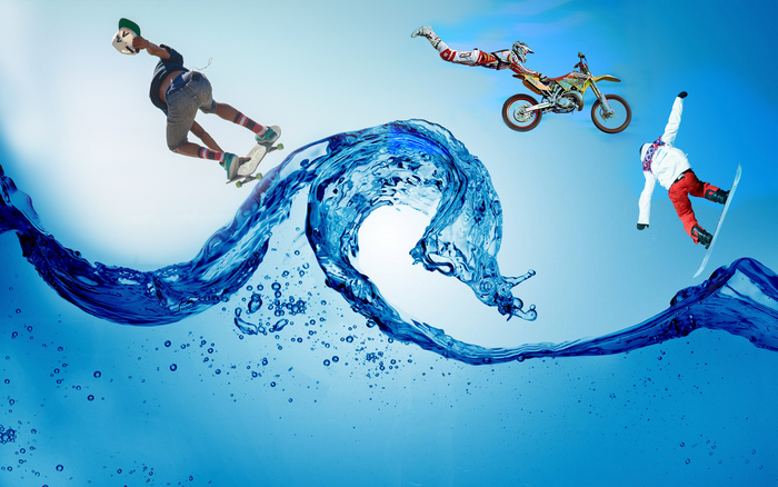 Skateboarder, Motocross Rider, and Snowboarder in Water Splash