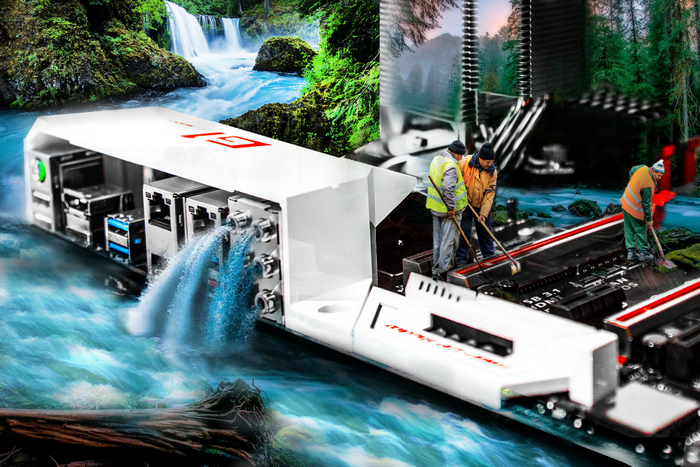 Motherboard and waterfall with workers