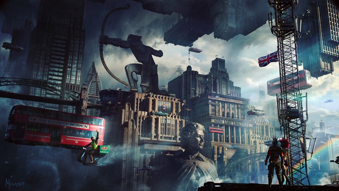 Sci-Fi City with Flying Buses and Statues