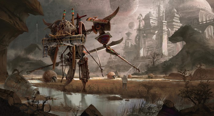 Sci Fi Landscape with Astronaut and Mechanical Creature