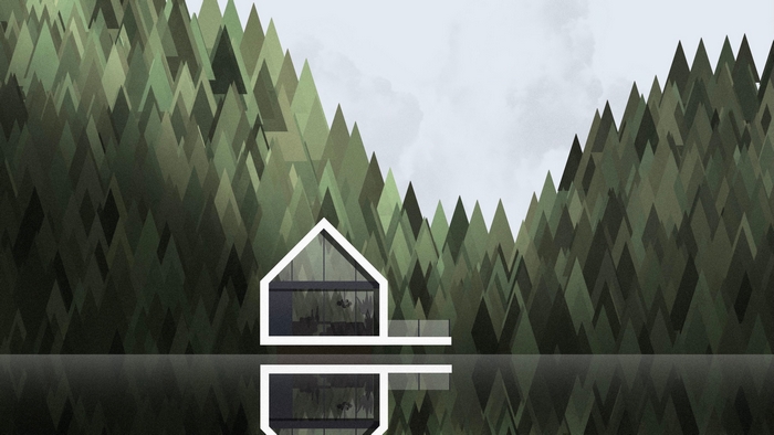 Modern cabin reflected in a lake surrounded by forest