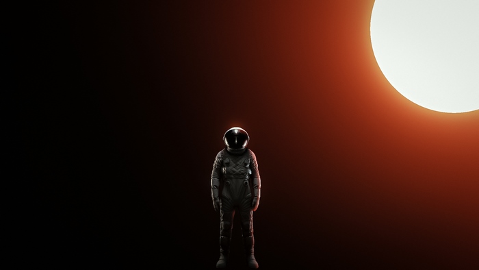Astronaut in front of a bright celestial body