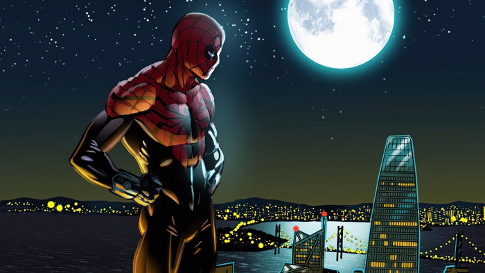 Spider-Man 4K overlooking a city at night