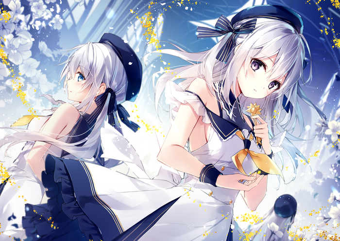 Two anime girls with white hair and sailor outfits