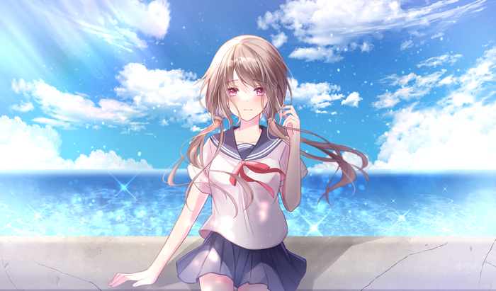 Girl in School Uniform by the Sea