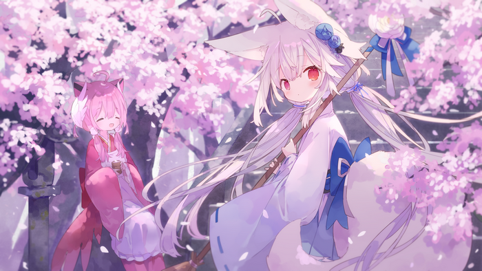 Two fox-eared girls in kimonos under cherry blossoms