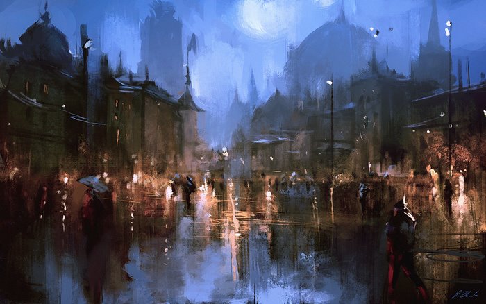 Artistic city at night with reflections