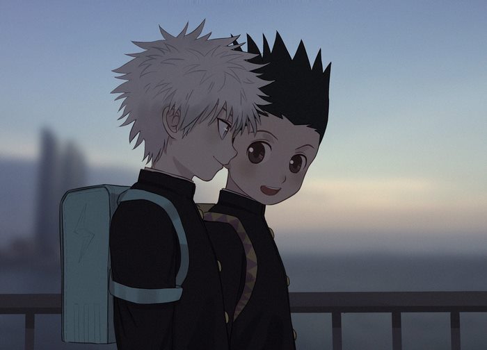 Gon Freecss and Killua Zoldyck in school uniforms