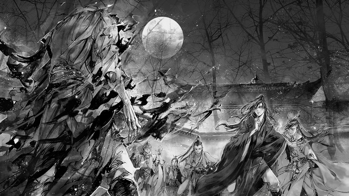Wei Wuxian and Lan Sizhui in a moonlit forest