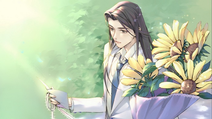 Lan Wangji holding flowers and a letter
