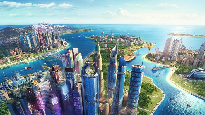 SimCity BuildIt Cityscape with Mountains and Ocean