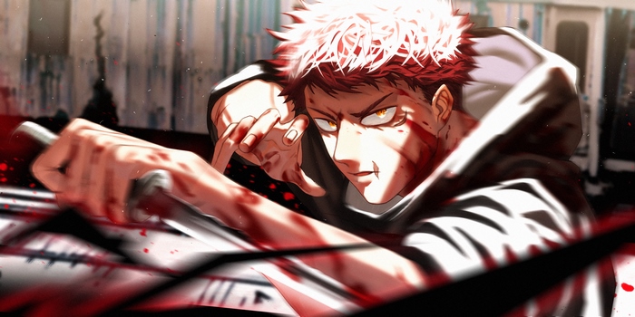 Yuji Itadori with orange eyes and bloody face