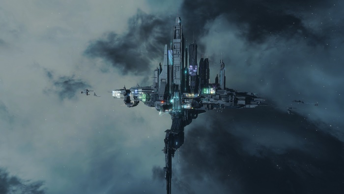 Massive space station with ships in nebula 4K