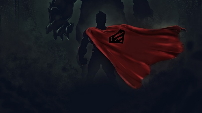 Superman and a large monster in silhouette