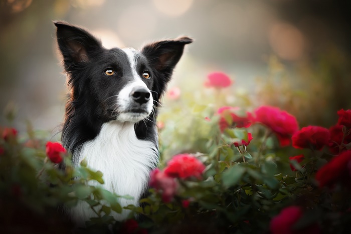 Border Collie dog in a garden with red roses