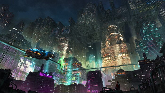 Cyberpunk city with flying vehicles and statues