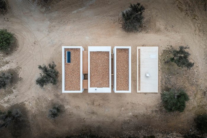 Aerial view of a modern house with flat roofs