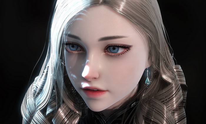 Close-up of a beautiful anime-style woman with blue eyes