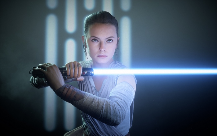 Rey holding a blue lightsaber in Star Wars Battlefront II