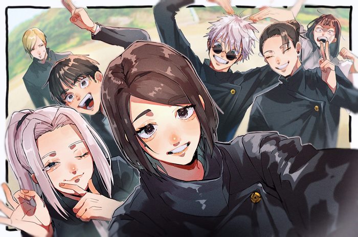 Jujutsu Kaisen characters taking a selfie