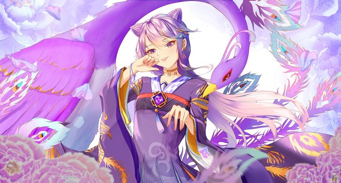 Keqing from Genshin Impact with purple phoenix
