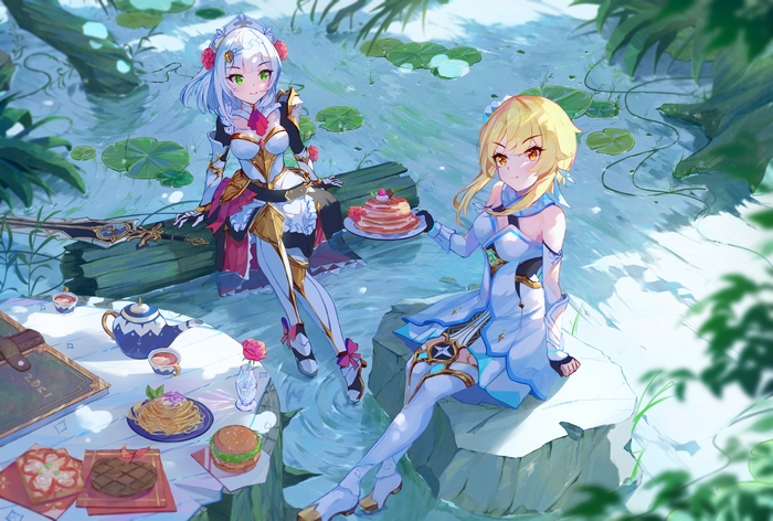 Lumine and Noelle having a picnic by the water