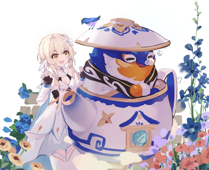 Lumine and a bird in a teapot