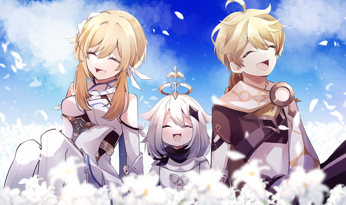 Aether, Lumine, and Paimon from Genshin Impact