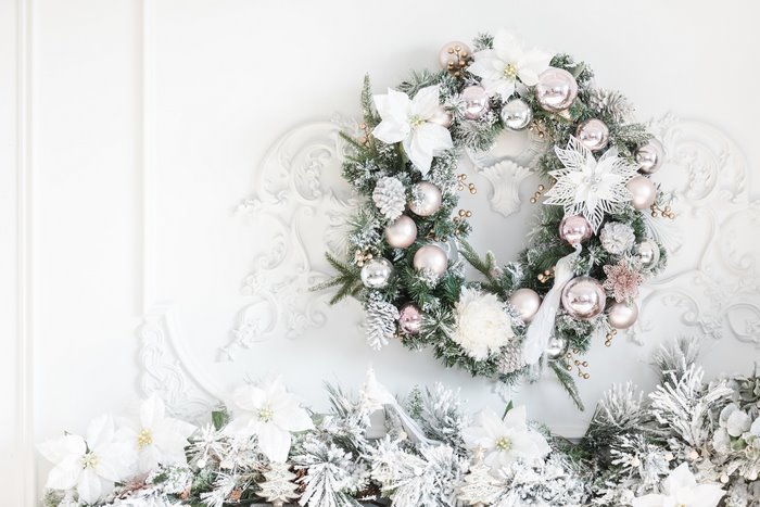 Pink and Silver Christmas Wreath with Poinsettias
