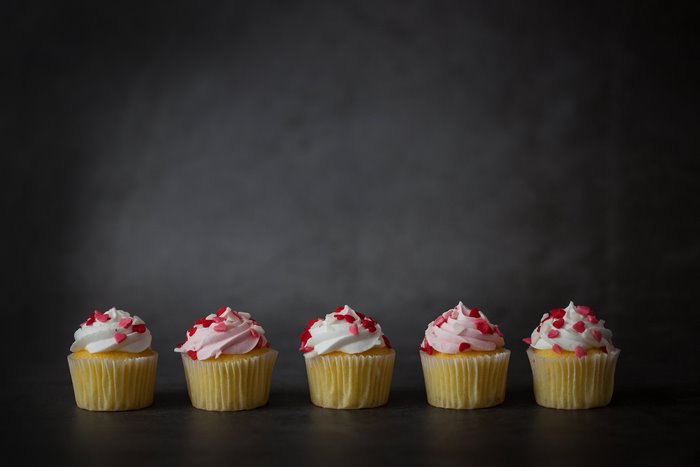 Row of Valentines Cupcakes with Heart Sprinkles
