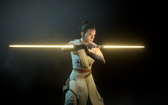 Rey with a yellow lightsaber in Star Wars Battlefront II
