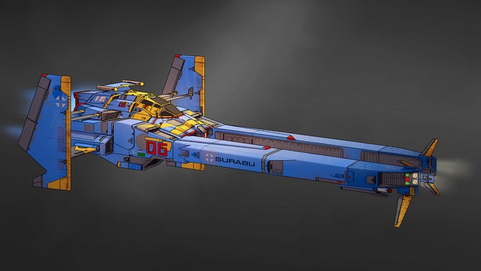 Blue and yellow racing spaceship with number 06