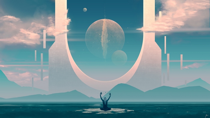Sci-Fi Landscape with Figure Meditating