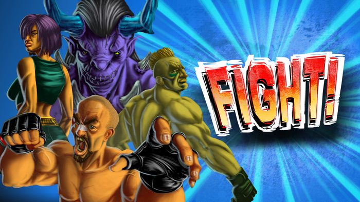 Four fighters and the word "FIGHT!"