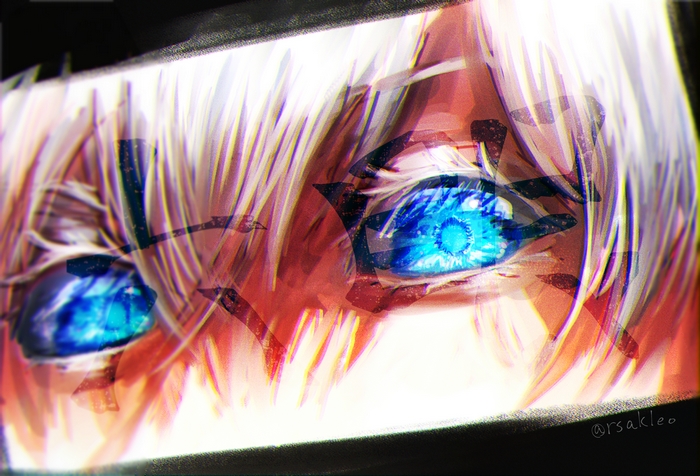Satoru Gojo with striking blue eyes and white hair
