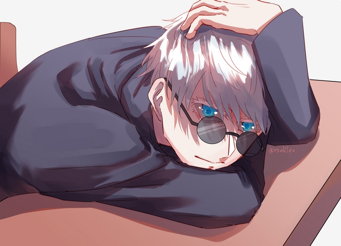 Satoru Gojo with white hair and blue eyes wearing glasses