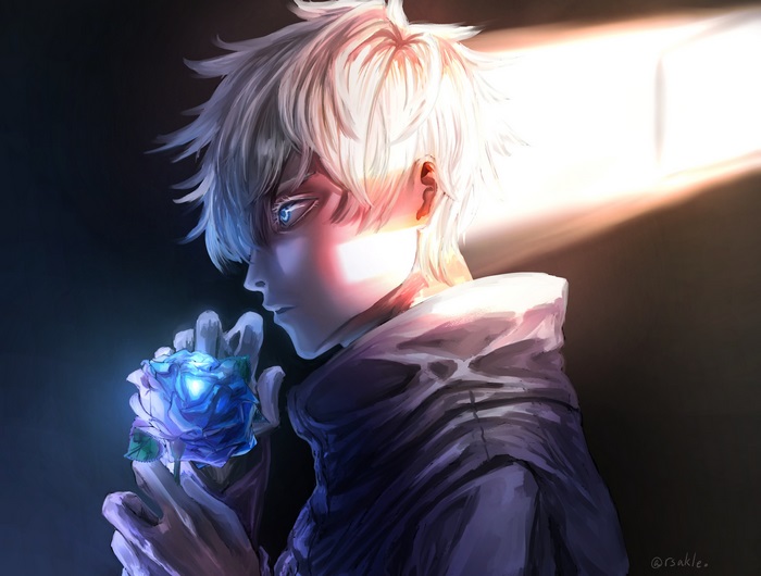 Satoru Gojo holding a glowing blue rose