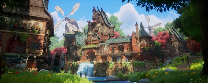 Fantasy village with windmills and watermills