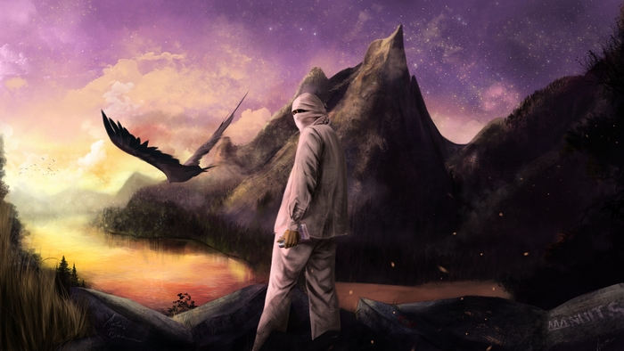 Rapper Népal in a surreal landscape with a bird