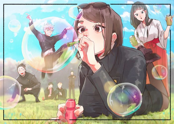 Jujutsu Kaisen characters blowing bubbles outdoors