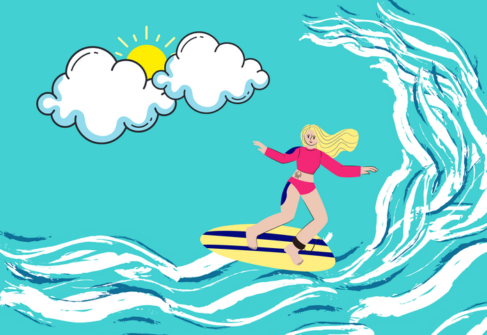 Cartoon Woman Surfing on a Wave