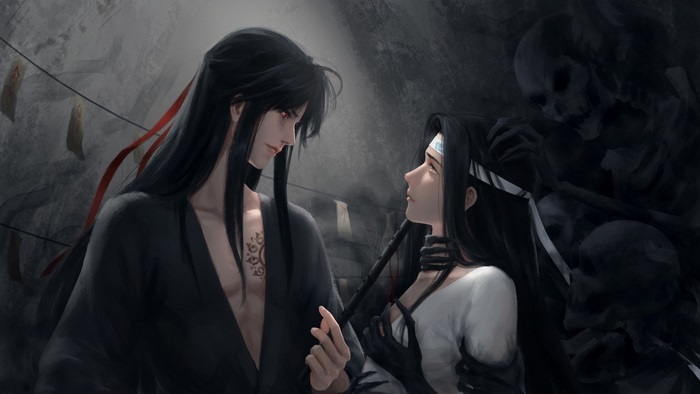 Wei Wuxian and Lan Wangji in a dark setting