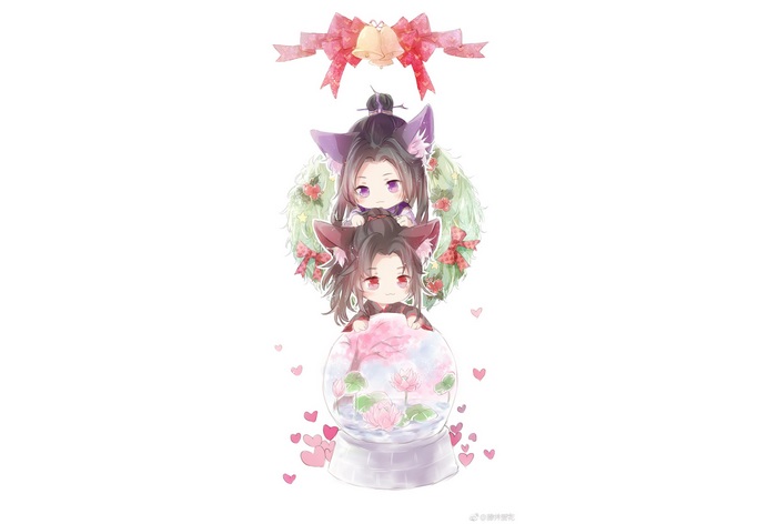 Mo Dao Zu Shi Chibi Characters with Christmas Wreath and Snow Globe