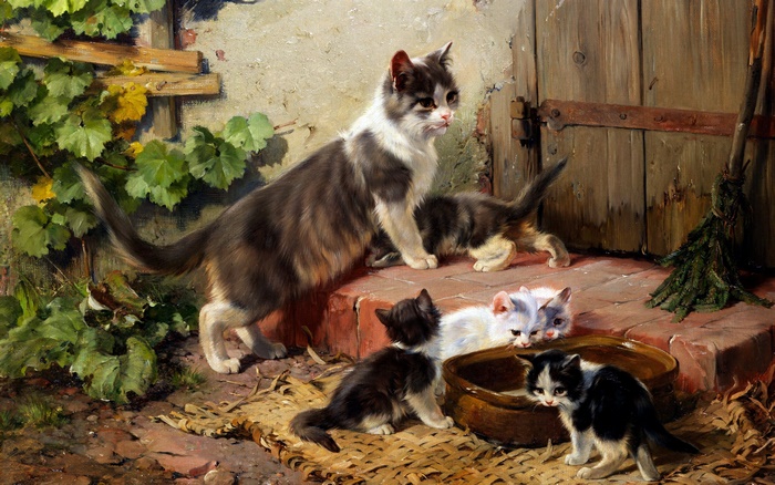 Painting of Kittens and Mother Cat by a Wooden Door