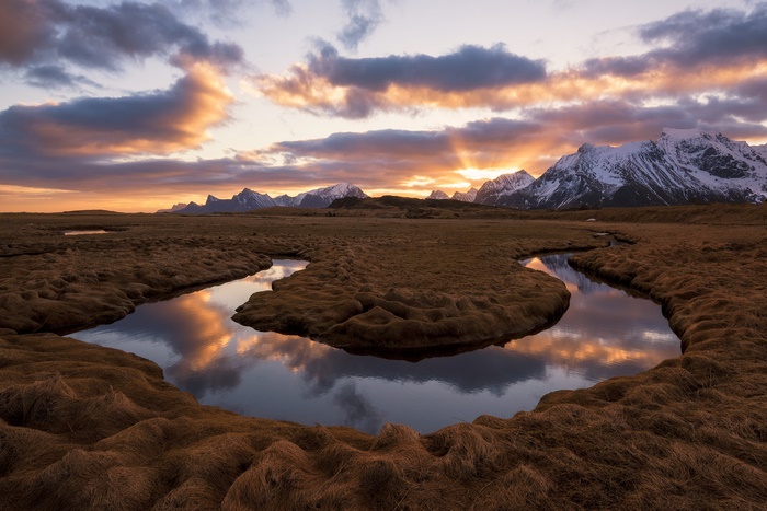 River and Mountains at Sunset in Iceland