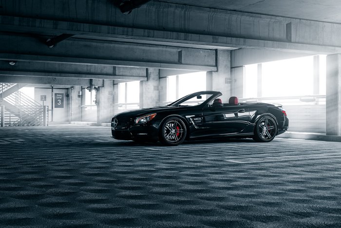Black Mercedes-Benz SL-Class Cabriolet in Parking Garage